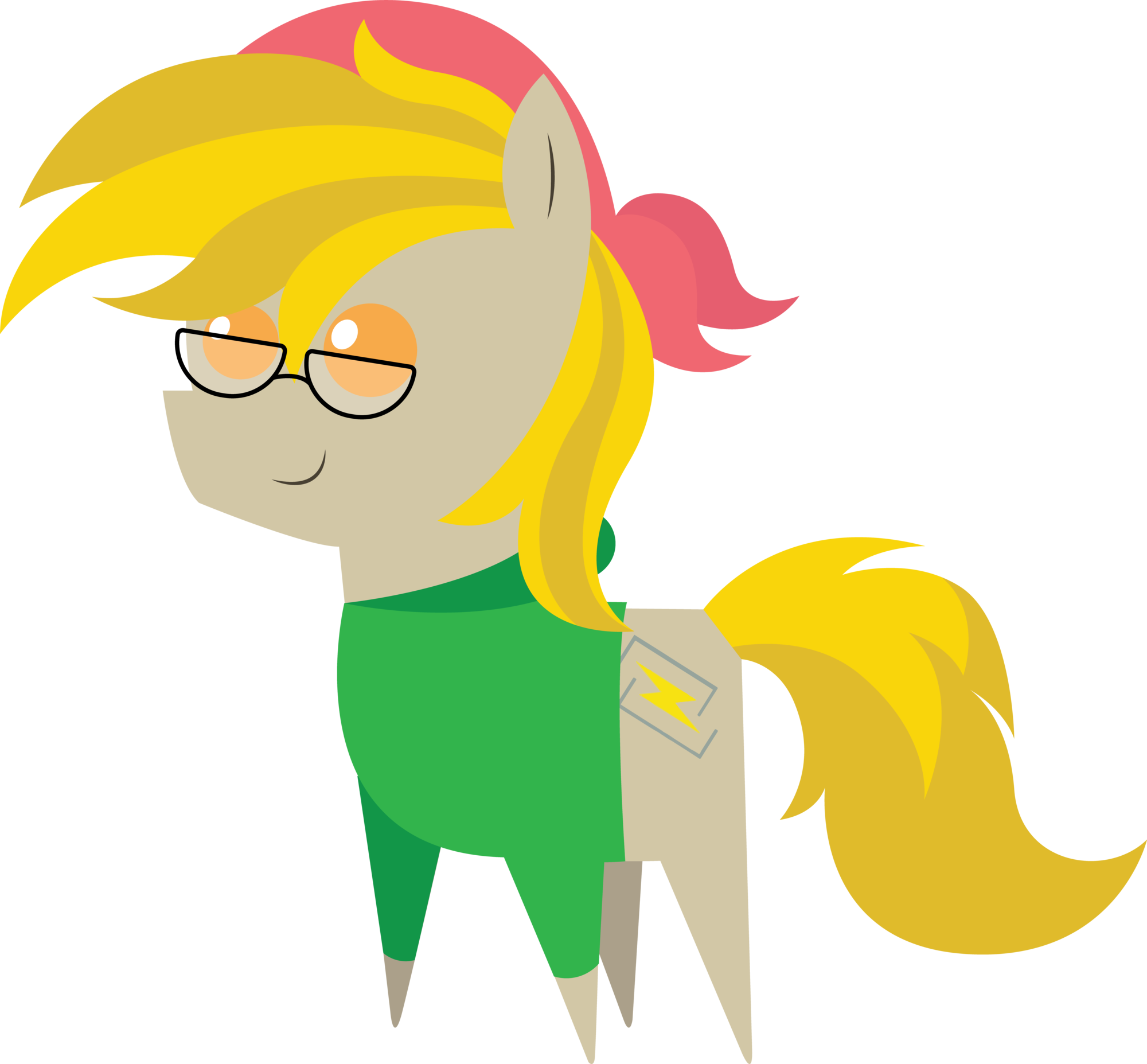 Vector drawing of a beige earth pony with straw mane and tail. He's wearing a green hoodie and a red cap, and has glasses on. His cutie mark is a lightning bolt enclosed by two brackets