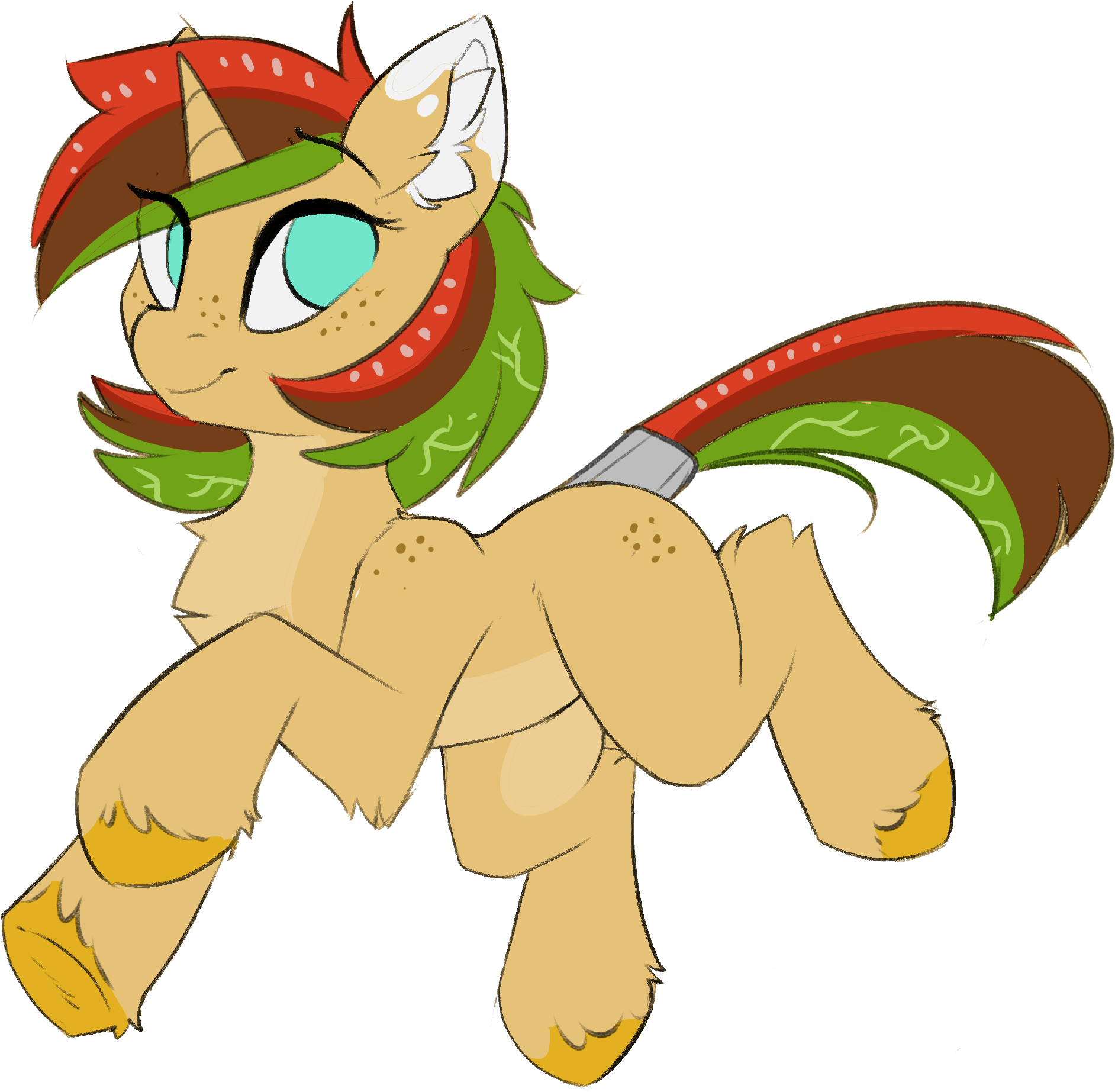 Flat shaded drawing of a yellow-ish unicorn mare with mane and tail made to look like tomato slices, hamburger patty, and lettuce.