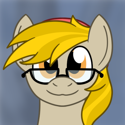 Portrait drawing of a beige earth pony with yellow mane wearing a red cap and glasses