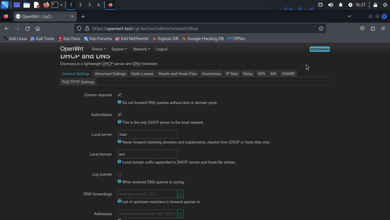 Screenshot of the Kali VM showing the OpenWRT DHCP and DNS configuration page. The local server value is set to /test/ and the local domain is test