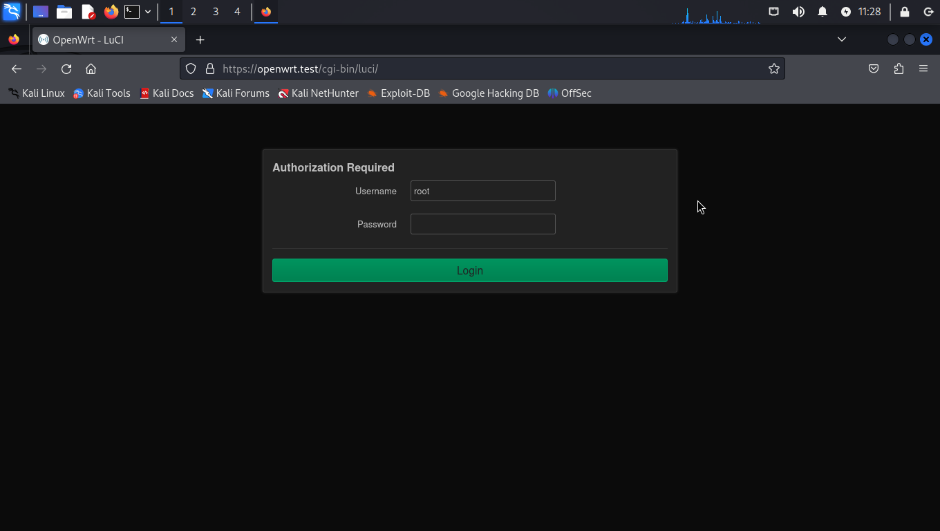 Screenshot of the Kali VM showing the OpenWRT login screen with a username of root and a blank password field