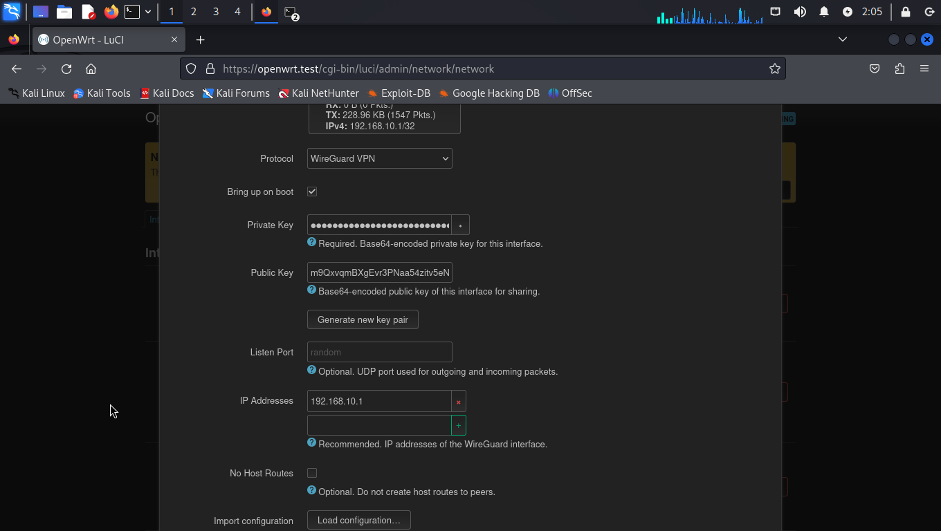 Screenshot of LuCI showing the edit page for the Wireguard interface. There are filled fields for Private Key and Public Key with a button underneath called generate new key pair