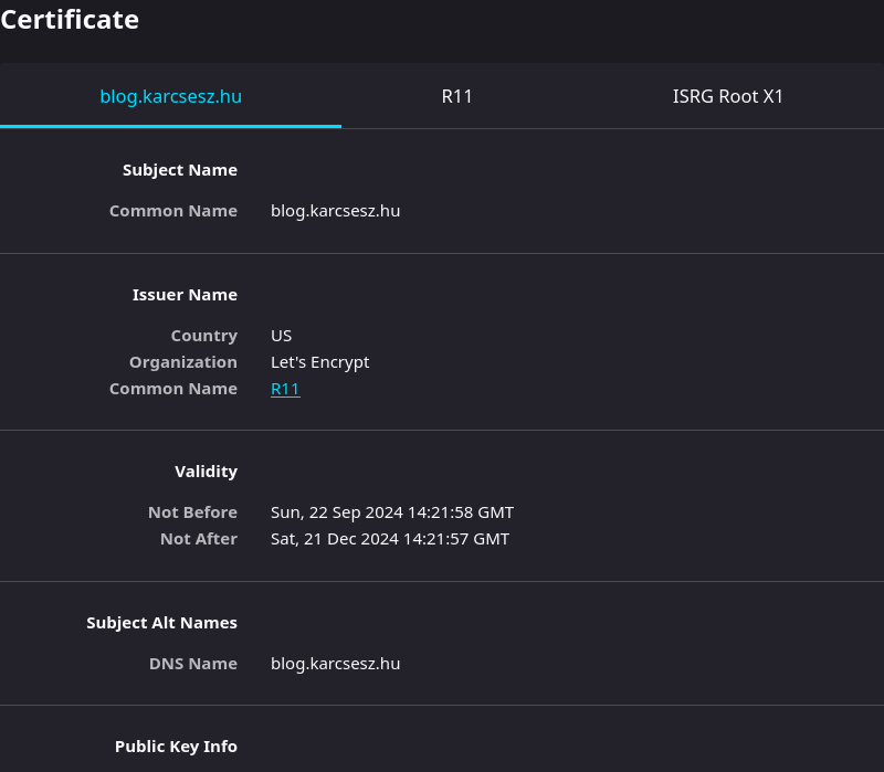 Screenshot of the certificate details for blog.karcsesz.hu