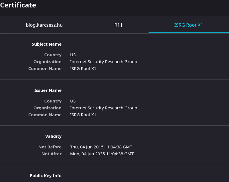 Screenshot of the certificate details for ISRG Root X1