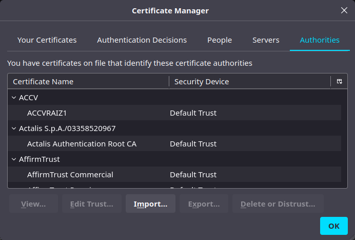 Screenshot of the Authorities tab of the Firefox certificate manager window. It shows a list of certificates all with Security Device of Default Trust