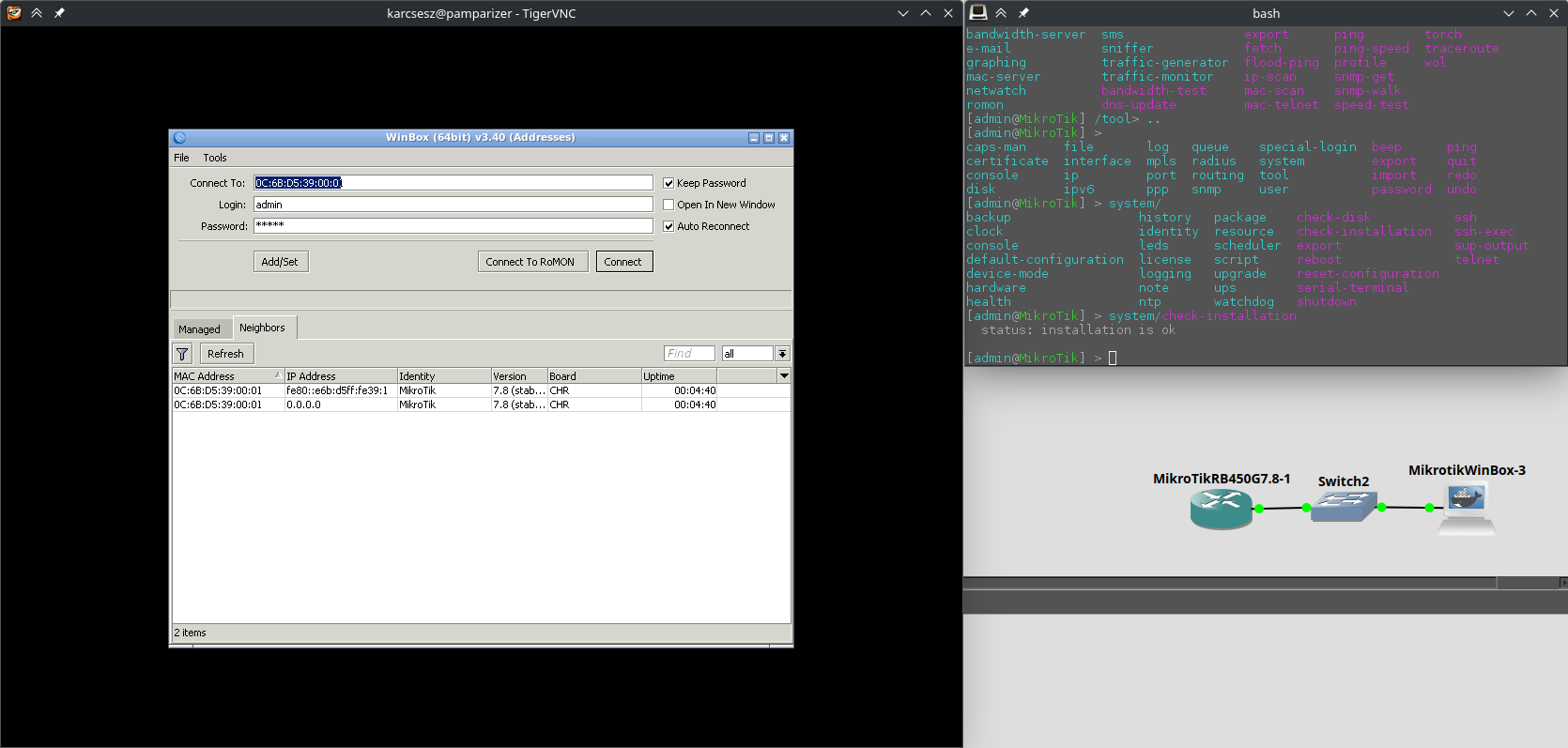 Screenshot of a pair of open windows next to the previous network graph. One is TigerVNC showing the WinBox instance's display, another is a terminal emulator connected to the Mikrotik router's serial console