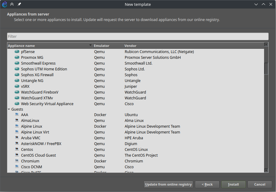 Screenshot of the GNS3 New Template window showing a variety of devices to choose from.