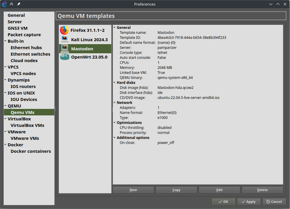 Screenshot of the GNS3 settings menu showing how to add new QEMU templates
