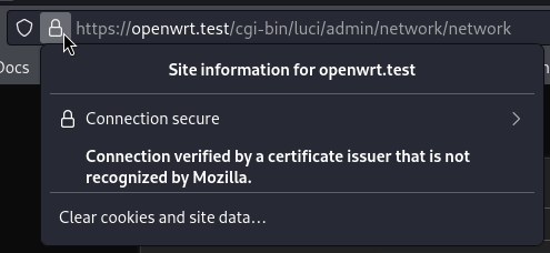 Screenshot of the site information popup of Firefox showing that the connection is secure and the connection is verified by a certificate issuer that is not recognised by Mozilla.